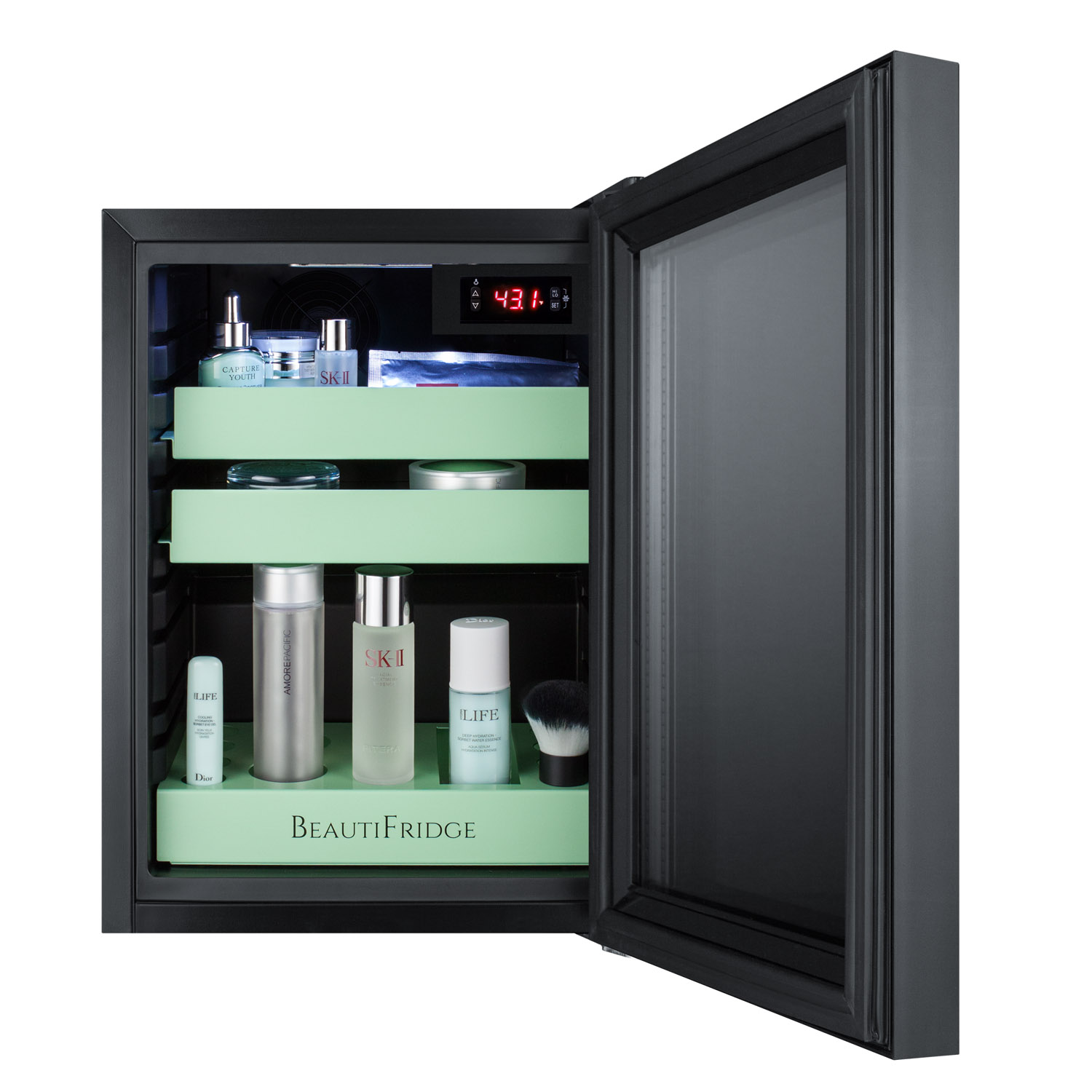 BeautiFridge compact cosmetics cooler with mirror-tinted glass door, black cabinet, lock, glossy mint shelves, and digital controls set for the storage of beauty products